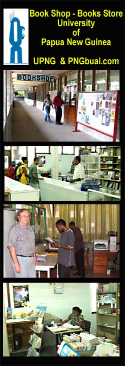 UPNG Book Shop : photos of University of Papua New Guinea's book store and photos of staff and student customers inside and outside views
